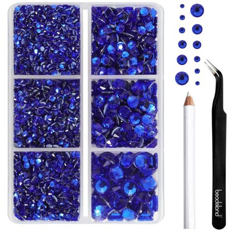 BEADSLAND pedreria hotfix,4000 PCS piedras azul strass termoadhesivas diamantes cristales para manualidades,Kit mixto de 6 tamaños con lápiz de cera y pinzas,SS6-SS30,Azul Zafiro Rhinestones