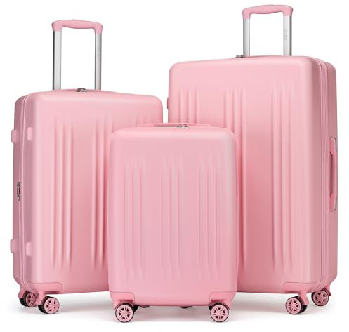 KONO Koffer Set 3 Stück Hartschalenkoffer Erweiterbar Leicht Klein Handgepäck 55cm Trolleys Mittelgroß 65cm Koffer Groß 75cm Reisekoffer mit 4 Rollen und TSA-Schloss, Rosa
