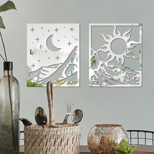 Spiegelfliesen Sonne Mond Silber Aufklebbare Spiegel DIY Kunst Wandspiegel Schlafzimmer Wandaufkleber 25x30cm/2 Stk