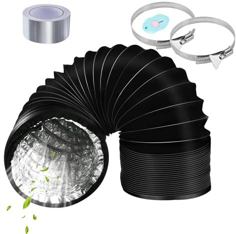 URHRHU 125mm Air Ducting Tumble Dryer Vent Hose 2m Length Aluminium PVC Ventilation Air Ducting Flexible Ducting Pipe Black with 5m Aluminium Tape and 2 Steel Clamps for Cooker Hood Extractor Fan