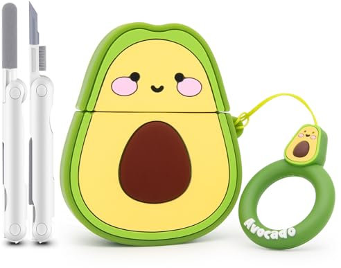 Mouzor Niedliche Avocado AirPods 1&2 Hülle, 3D Obst Airpods Hülle der 1 Generation, der 2 Generation, stoßfeste Silikon-Ladehülle mit Reinigungsset und Schlüsselanhänger