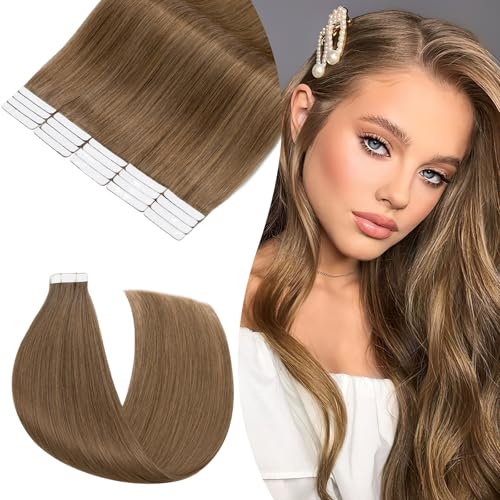 Rich Choices Tape Extensions Echthaar Tape in Extensions 30cm 20 Stück #6 Hellbraun Haarverlängerung Echthaar Remy Seidig Gerade Invisible Tape ins Haar Extensions Natürliche Haarverdichterung