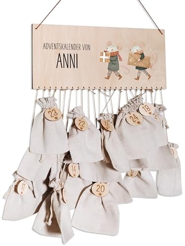 Bärenfreunde Personalisierter Adventskalender zum Befüllen, Holz, Kinder | Adventskiste, Stoffbeutel selbstgestalten, Säckchen, Jutesäckchen, Diy-Box, Tütchen, Säckchen, Weihnachten