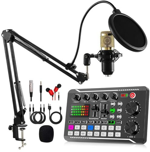 LEIOUS F998 Live Sound Card with DJ Mixer Effects & Voice Changer, USB Audio Mixer, 16 Channels, Battery Powered, Microphone & Line Input, Available in Set C
