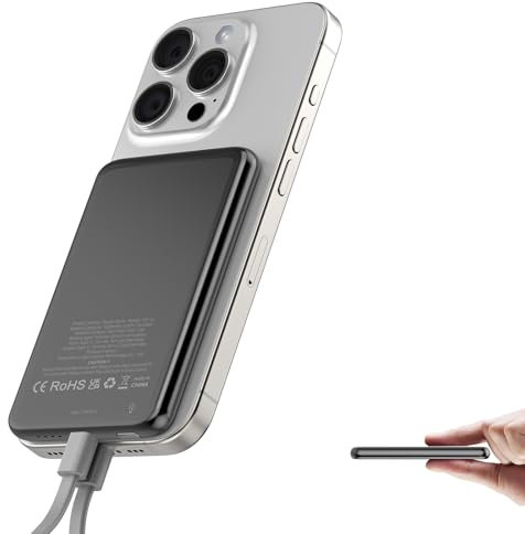 Magsafe Power Bank 5000mAh, Caricatore Portatile Magnetico, Slim PD 20W Ricarica Rapida Wireless PowerBank, USB-C Battery Pack cavo di Ricarica con Cordino per iPhone 16/15/14/13/12/Pro/Pro/Max