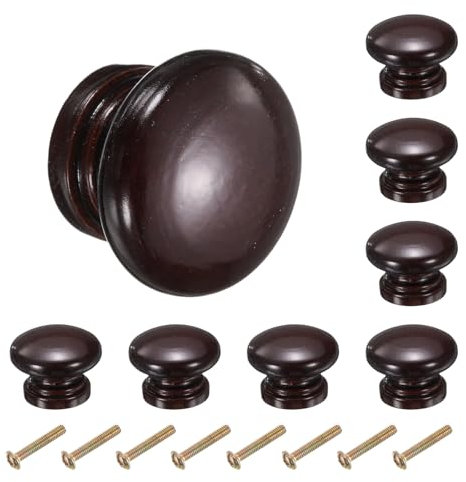 sourcing map 8pcs Round Wooden Knobs, 34mm/1.3 Mushroom Shape Kitchen Cabinet Knobs Single Hole Drawer Pull Hardware Handles Decorative Furniture for Drawer Dresser Wardrobe, Dark Brown