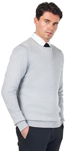 Mens Pure Cotton Light-Grey Round Crew Neck Jumper Classic Fine Knit Lightweight Pullover Sweater [JUMPER-CREW-NECK-542- Light-Grey-M]