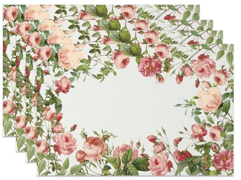 MIRRORANG Platzsets mit Blumenkranz, 45 x 30 cm, rosa und grünes Rosen-Design, waschbar, Tischset für Frühling, Hochzeit, Heimdekoration