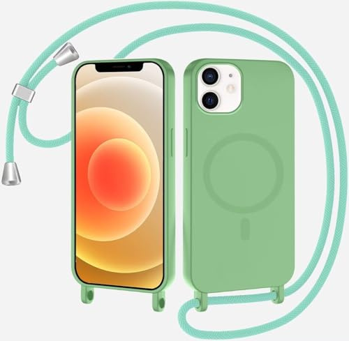 SLWYF Magnetische Handykette für iPhone 12 Mini Hülle mit Band, Handyhülle Kompatibel mit MagSafe, Silikon Seil Necklace Handyhülle PU Stoßfest mit Abnehmbar Kordel zum Umhängen Case - Matcha grün