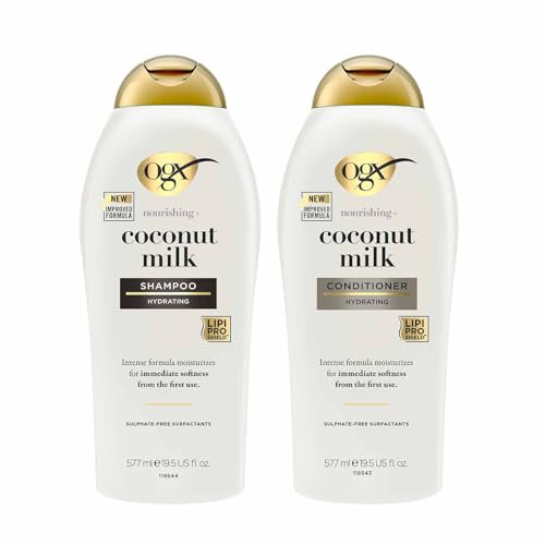 OGX Coconut Milk Nourishing Hair Bundle, Hydrating Shampoo (1x 577ml) and Conditioner (1x 577ml), Immediate Softness from 1st Use, Sulfate Free Surfactants for Dry and Damaged Hair