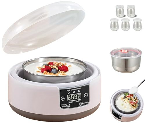 Máquina de yogur probiótico, 36 horas con control de temperatura y tiempo ajustables, máquina automática de yogur de 1.2 L con pantalla LCD y tarros de vidrio para yogur griego casero (con 5 tazas)