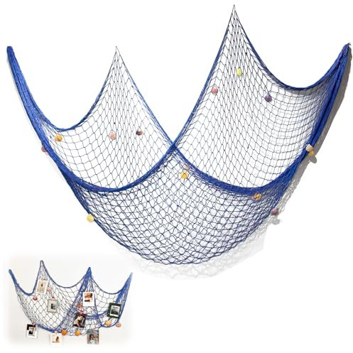 Fischernetz Deko Blau mit Muscheln, 100×200 cm Maritimes Deko Netz Fischernetz Fotowand Deco Mesh Fish Net, Mediterrane Wanddeko zum Aufhängen für Fotos aufhängen Wohnzimmer Kinderzimmer Themenpartys