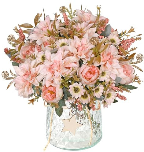 DEMIUKO 4 Bündel Dahlien Künstliche Blumen Rosa Pfingstrosen Seiden Blumensträuße Kunstblumen Fake Blumen Vase Deko für Hochzeit Partei Tischaufsätze Blumenarrangement Innen Außen Dekoblumen