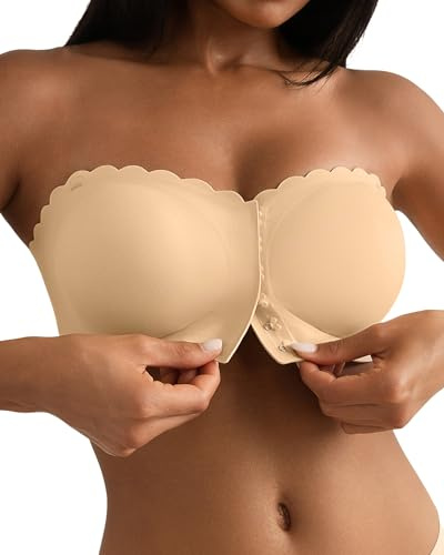 SHARICCA BH Ohne Träger Damen - Mit Verschluss Vorne Trägerloser BHS Bequem Rutschfestes Nahtlose Bandeau Top Mit Transparenten Trägern(Beige-1P02-L)