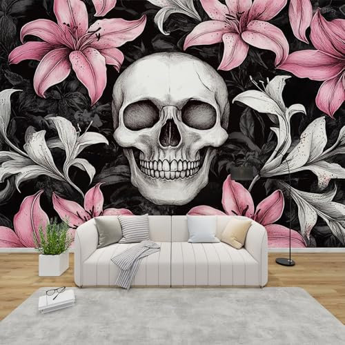 PaxGloz Fototapete Totenkopf Mit Lilien Tapete Gothic Blumen Tapeten Vliestapete Modern Wandtapete Wohnzimmer Schlafzimmer Kinderzimmer Wanddeko Motivtapeten 200 x 140 cm (B x H)