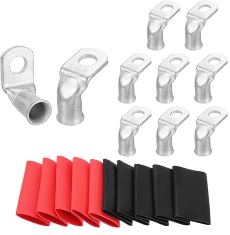 sourcing map 10pcs 2 Awg 90° Bent Copper Lugs Battery Cable Ends, 2 Gauge 5/16 Stud Battery Lugs Ring Terminal Connectors with 10pcs 3:1 Black & Red Heat Shrink Tubing,Silver