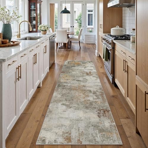 PureCozy Teppichläufer Flur 60x240 cm, Waschbarer Abstraktes Teppich Orange-Grau rutschfest für Wohnzimmer Schlafzimmer Balkon LäUfer KüChe Esszimmer BüRo Flach, Indoor Modern Weicher Kurzflor Carpet