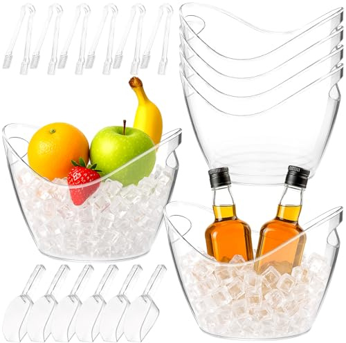 6 Pack Plastic Ice Bucket for Parties, 4 Liter Clear Wine Bucket with Ice Tongs and Scoops, Beer Bucket Wine Bottle Chiller Oval Beverage Tub Beverage Chiller Bin for Beer Champagne Bottles