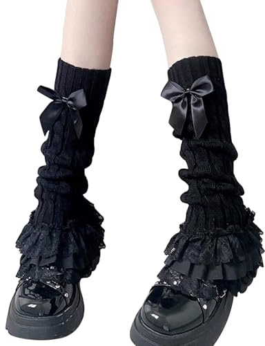 IHLOOTD Leg Warmers y2k Stulpen Damen Mehrlagige Spitze Schleife Beinstulpen Japanische Lolita Kawaii Beinwärmer Damen