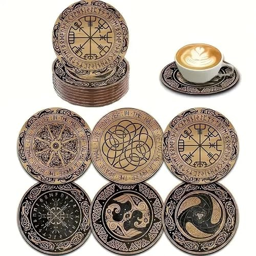 6X Wikinger Holz Untersetzer Runen Vegvisir rund Nordland Tisch Deko