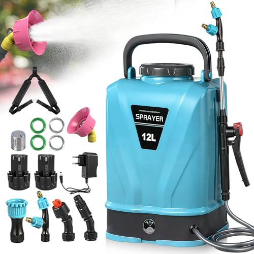 Viugreum 12L Pulvérisateur à Dos à Batterie, 12V Pulvérisateur de Jardin électrique avec 5 Buses de Brumisation, Lance Télescopique et Bandoulière Réglable pour Arrosage Irrigation Entretien