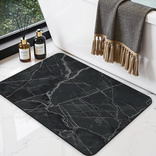 DEXI Bath Mat, Non Slip and Quick Dry, 40 x 60 cm, Marble Black | Rubber Backing, Absorbent, Ultra Thin, Low Profile, Bathroom, Shower, Bathtub, Sink Areas