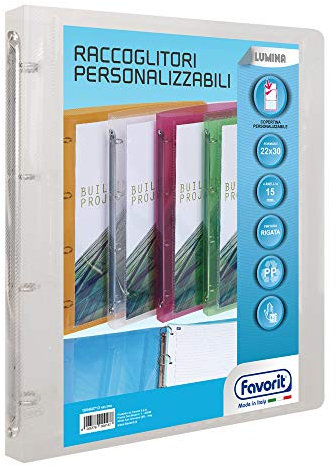 Favorit 100460713 - Raccoglitore Polipropilene Lumina 22 x 30 cm, Tasca Personalizzabile 4 Anelli Tondi Diametro 15 mm, Trasparente