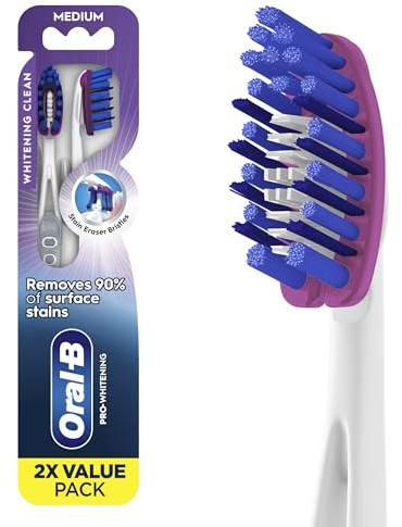 Oral-B 3D White Deep Stain Remover toothbrushes, 2 count toothbrush MEDIUM, Removes 90% of surface stains, whitens teeth, deep reach, removes plaque and stains tooth brush