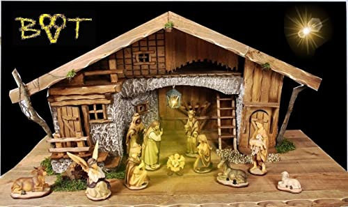 Riesen Krippe Weihnachtskrippe + Zubehör, ca. 100 x 50 cm Design massiv Vollholz Massivholz mit Krippenfiguren HANDBEMALT UND GEBEIZT 12 Figuren + Laterne Beleuchtung: LICHT KOMPLETT MIT +