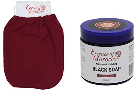 Moroccan Exfoliating Kessa Glove Scrubbing Mitt with Natural Eucalyptus and Olive Oil Black Soap Scrub Savon Noir 200g / 7 OZ Helps Cleanse Skin Remove Fake Tan and Ingrown Hair Hammam Spa Pack