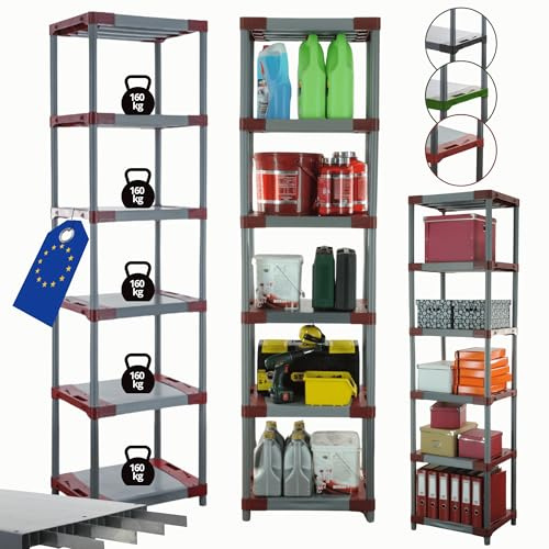 MODO24 Plastikregal Kunststoff- Steckregal Werkstatt- Kellerregal Höhe 222 cm Tytan (60 cm, Rot)