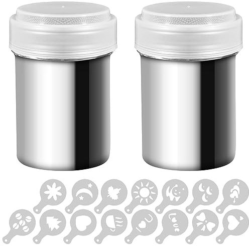2 Stainless Steel Powder Shakers, SENHAI Mesh Shaker Powder Cans for Coffee Cocoa Cinnamon Powder with Lid, with 16 pcs Printing Molds Stencils