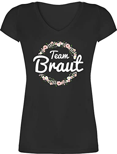 T-Shirt Damen V Ausschnitt - JGA Junggesellenabschied Frauen - Team Braut Blumenkranz - Bride Crew - L - Schwarz - gefolge der Shirt jungesellinnenabschied Frau Outfit Bachelorette Party Bridemaid