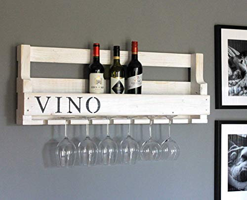 Dekorie Weinregal aus Holz für die Wand - mit Gläserhalter mit VINO Schriftzug - Weiß - fertig montiert - Regal für Weinflaschen und Weingläser