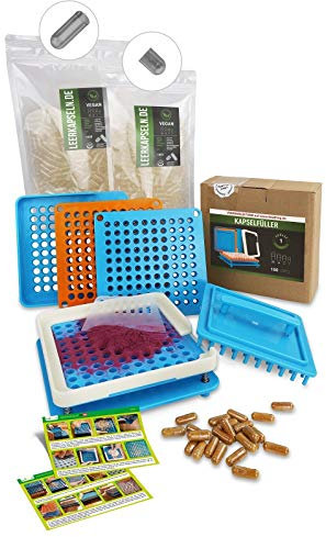 Kapselfüller + 1000 Leerkapseln Gr. 1 | vegane getrennte Kapselhälften - kein vorheriges Öffnen nötig | Kapselfüllgerät [100 Löcher] zum selber befüllen (Kapselfüller inkl. 1000)