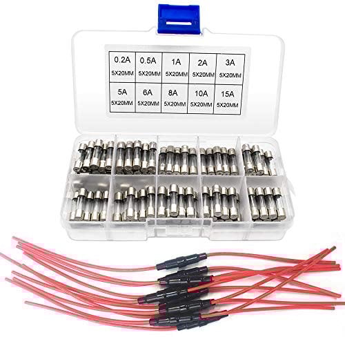 BeiLan 10pcs AGC Portafusibile, Portafusibili Inlineaa Vite Tipo con 22 AWG Cavetto + 100pcs Assortimento fusibili in vetro a tubo 5x20mm fusibile vetro rapida(0.2A 0.5A 1A 2A 3A 5A 6A 8A 10A 15A)