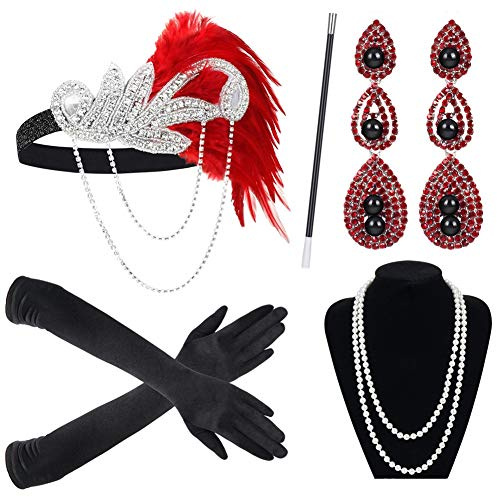 Sinoeem 1920s Kostüm Damen Flapper Accessoires Set 20er Jahre Halloween Kostümzubehör Inklusive Stirnband Halskette Handschuhe Ohrringe Zigarettenhalter Set (Set-6)