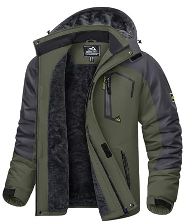 KEFITEVD Winterjacke Herren Skijacke mit Kapuze Warme Jacke Übergangsjacke Gefüttert Arbeitsjacke mit Multi Taschen Dicke Hardshelljacke Männer Kurz Parka Winter Dunkeloliv L