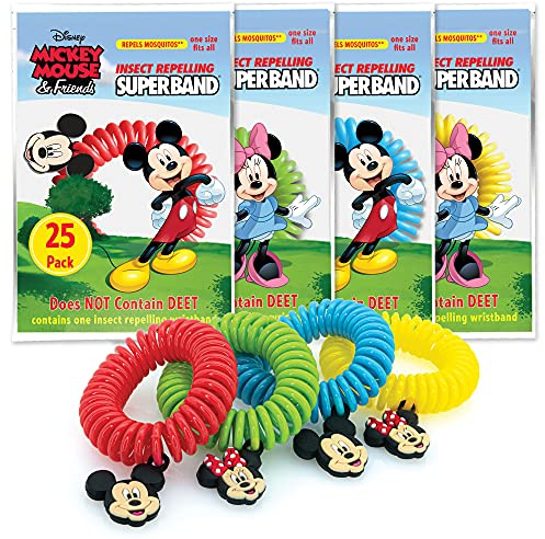Superband Classic Disney (Pack of 25) - for Kids & Adults - All Insect & Mosquito Repelling Wristband with Mickey and Minnie Mouse Charms - Made with Plant Based Oils (25)