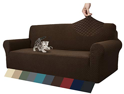 MAXIJIN Jacquard Sofabezug 3 Sitzer 1 Stück Couch Bezug rutschfest Schonbezug Sofa für Wohnzimmer Stretch-bezüge für Hunde Haustiere mit Anti-Rutsch-Schäume (3 Sitzer, Dunkler Kaffee)