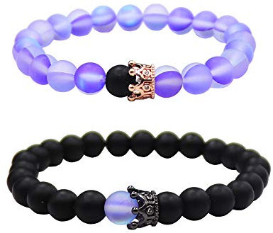 UEUC Paar Distanz Armbänder mit CZ Crown King & Queen Seine Freundschaft Schwarz Matt Achat Stein 8mm