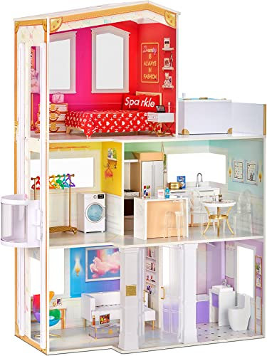 Rainbow High Haus Spielset - 3-stöckiges Holzhaus (120 cm hoch, 90 cm breit), voll eingerichtet mit Bad, Dusche, Waschbecken, Aufzug und 50+ Accessoires, tolles Geschenk für Kinder von 6-12 Jahren