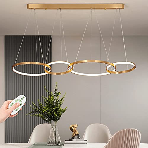 AUCF LED Pendelleuchte Moderne 94W Dimmbar Kronleuchter Kreis Golden 4 Ringe Design Pendellampe Wohnzimmer Esszimmer Schlafzimmer Hängelampe Deckenleuchte Höhenverstellbar Deko Licht