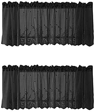 Betos Küchen-Vorhänge, Voile Kurzstore Vintage Kaffee Bistrogardine Vorhang Spitze Scheibengardine Kurzgardine Landhausstil halbtransparente Gardine, Schwarz 137*61cm x 2Stück
