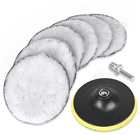 BAYTORY 8Pcs Wool Polishing Buffing Pad Set, 4 inch Synthetic Polisher Wheel with 5/8-11 Thread Backing Plate and Drill Adapter for Car Polishing, Buffing and Cutting