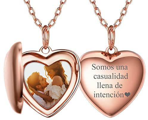 Silvora Guarda Foto Plata 9.25 Corazon Medallon con Foto Adentro y Frase Personalizada Collar Que Se Abre con Una Foto, Oro Rosado