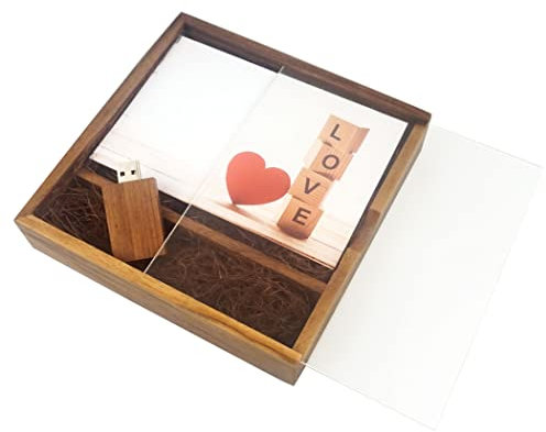 DesuerteUSB-Stick aus Walnussholz mit 16 GB und transparenter Walnussholzkiste für Hochzeiten, Fotografie, Paar, Jubiläumsgeschenk (170 mm x 170 mm x 35 mm)