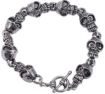 BCughia Armband Leder Jungs, Armband Kette Edelstahl Stahl Schädel Hochzeit Schmuck Geschenk für Männer und Frauen