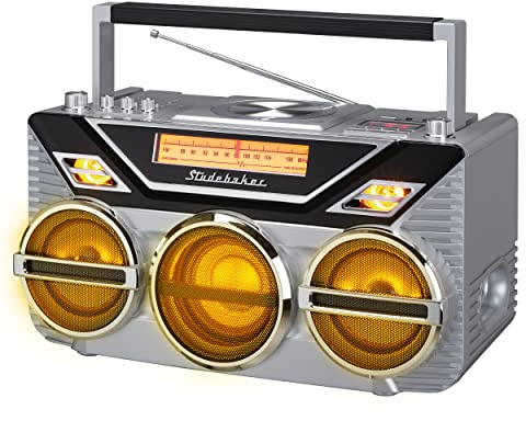 Boombox stéréo Studebaker rétro avec CD, radio FM, réception et émission Bluetooth, affichage de la lumière LED et caisson de basses 15 W pour basses puissantes (argenté)
