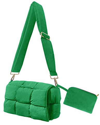 NAARIIAN Gewebte Schultertasche, gepolsterte Kassetten-Handtasche mit Münzen-Organizer, Nylon, leicht, Damen-Umhängetasche, Grün, Medium